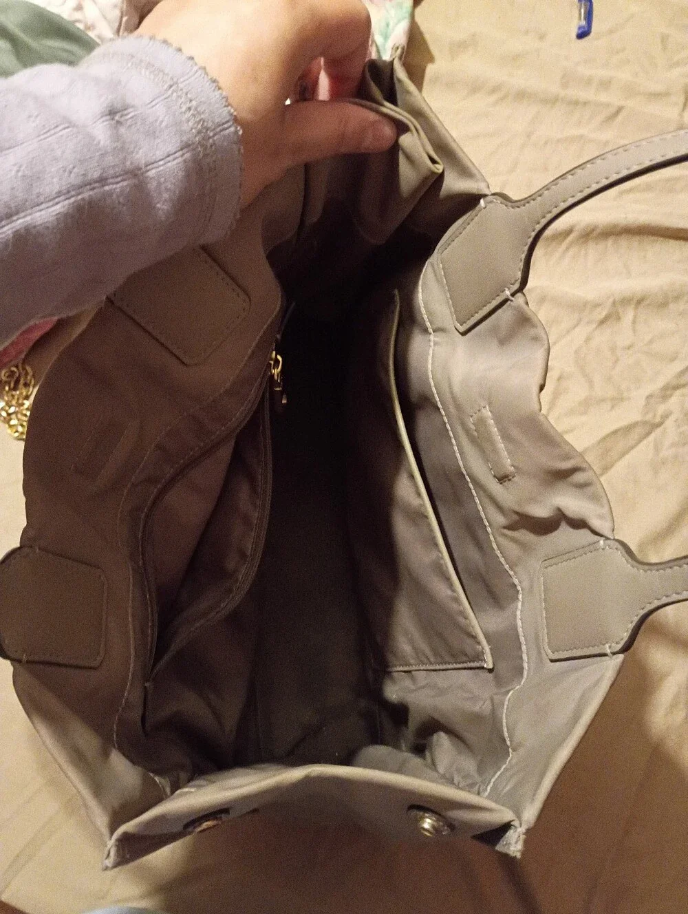 Tory Burch Taupe Nylon Tote with Logo Medallion